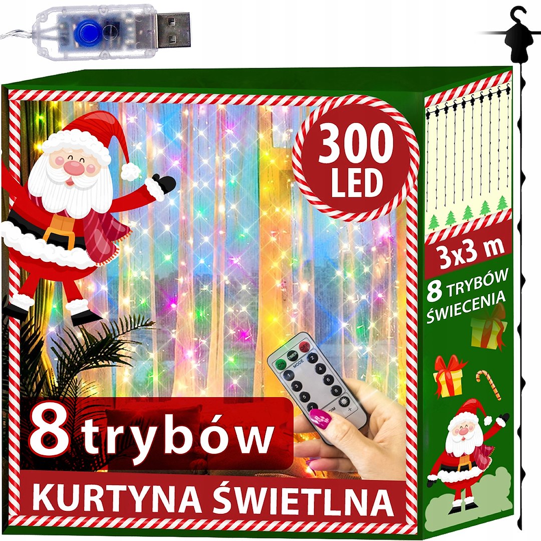 Kurtyna 300 Mikro LED, 300x300cm, Multikolor, 8 Funkcji, Pilot, USB