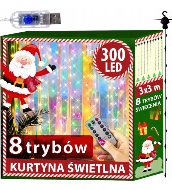 Kurtyna 300 mikro LED, 300x300cm, multikolor, 8 funkcji, pilot, usb, wew.