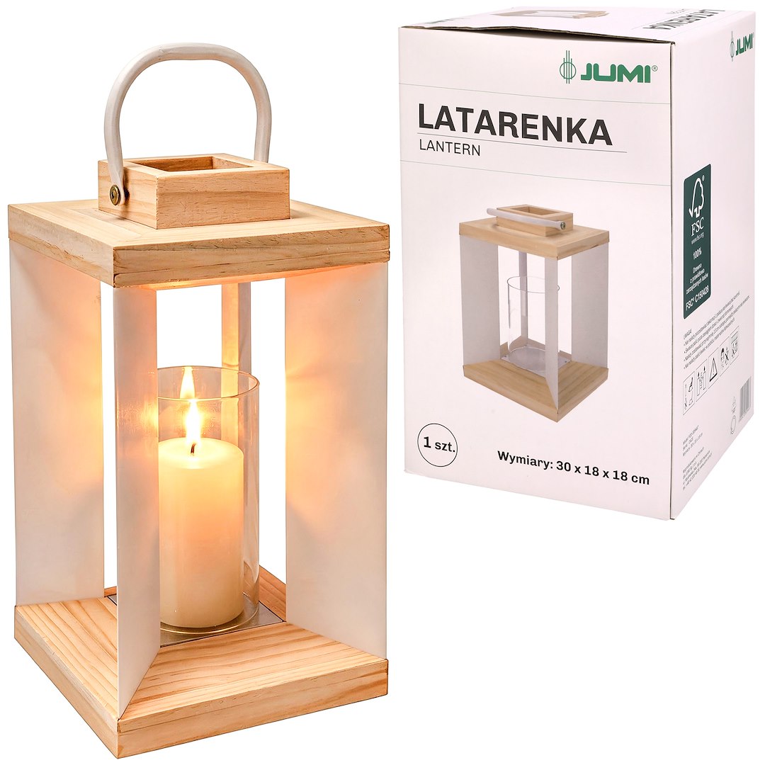 Latarenka Metalowo Drewniana Ze Szklanym Świecznikiem 30x18x18 - Biała