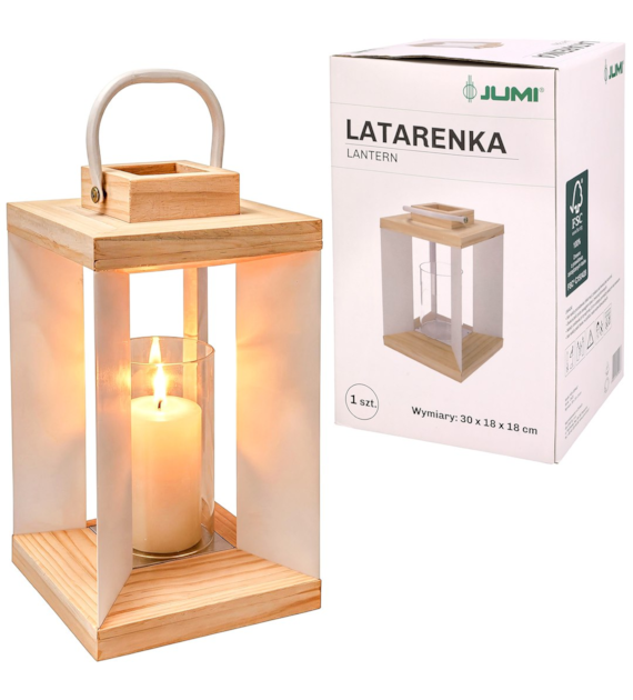 Latarenka metalowo drewniana ze szklanym świecznikiem 30x18x18 biała