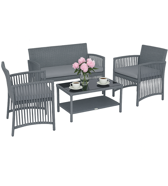 Zestaw wiker - sofa, 2 fotele i stolik kawowy, kolor grafitowy