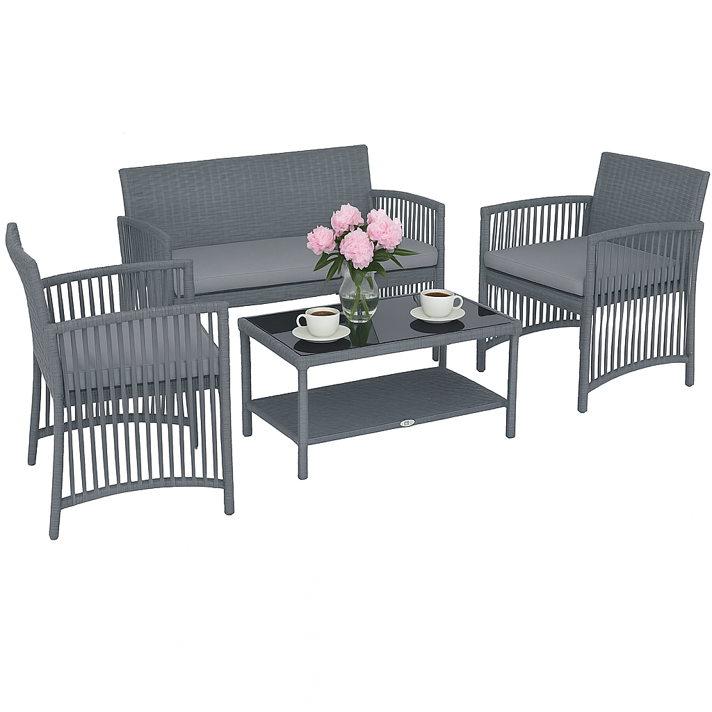 Zestaw wiker - sofa, 2 fotele i stolik kawowy, kolor grafitowy