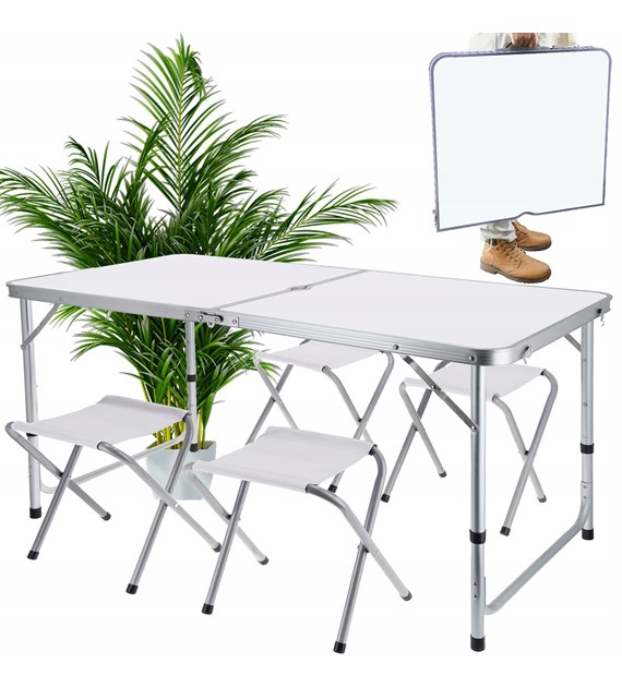 Stolik campingowy składany + 4 stołki biały