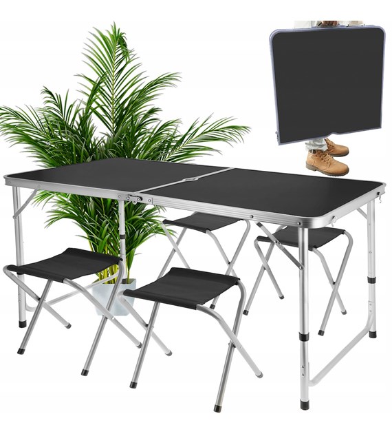 Stolik campingowy składany + 4 stołki czarny