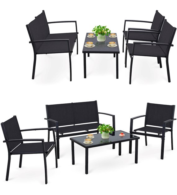 Zestaw stalowy z textilene sofa, 2 fotele i stolik kawowy - czarny