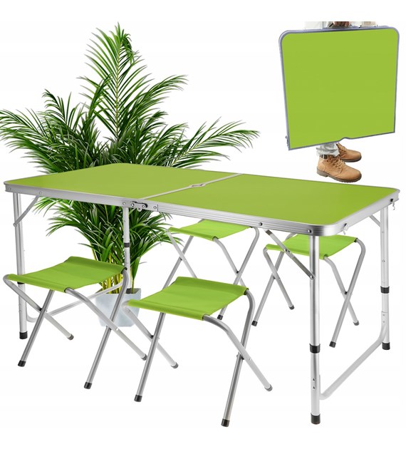Stolik campingowy składany + 4 stołki jasnozielony