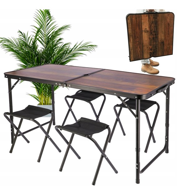 Stolik campingowy składany + 4 stołki naturalny