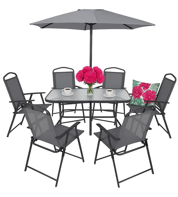 Zestaw - 6 krzeseł składanych, stół 130cm, parasol 180cm poliester, grafitowy