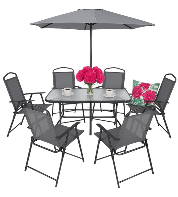 Zestaw - 6 krzeseł składanych, stół 130cm, parasol 180cm poliester, grafitowy