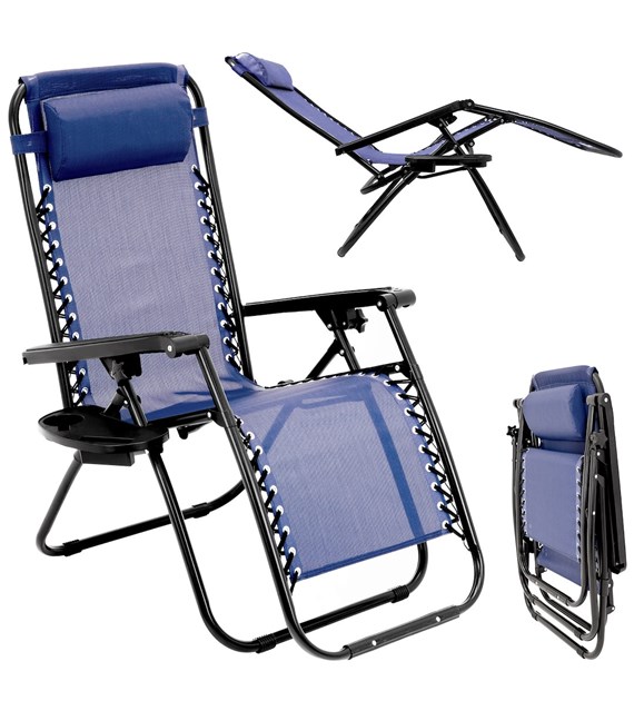 Leżak wielopozycyjny textilene z półką i blokadą siedziska, niebieski