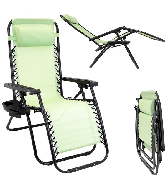 Leżak wielopozycyjny textilene z półką i blokadą siedziska, jasnozielony
