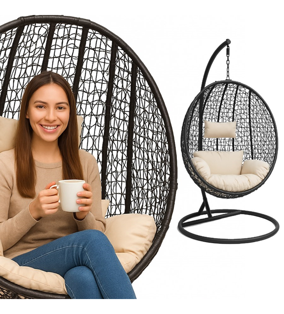 Fotel podwieszany 90x68x115cm, stelaz czarny, wiker brązowy, poduszka beżowa