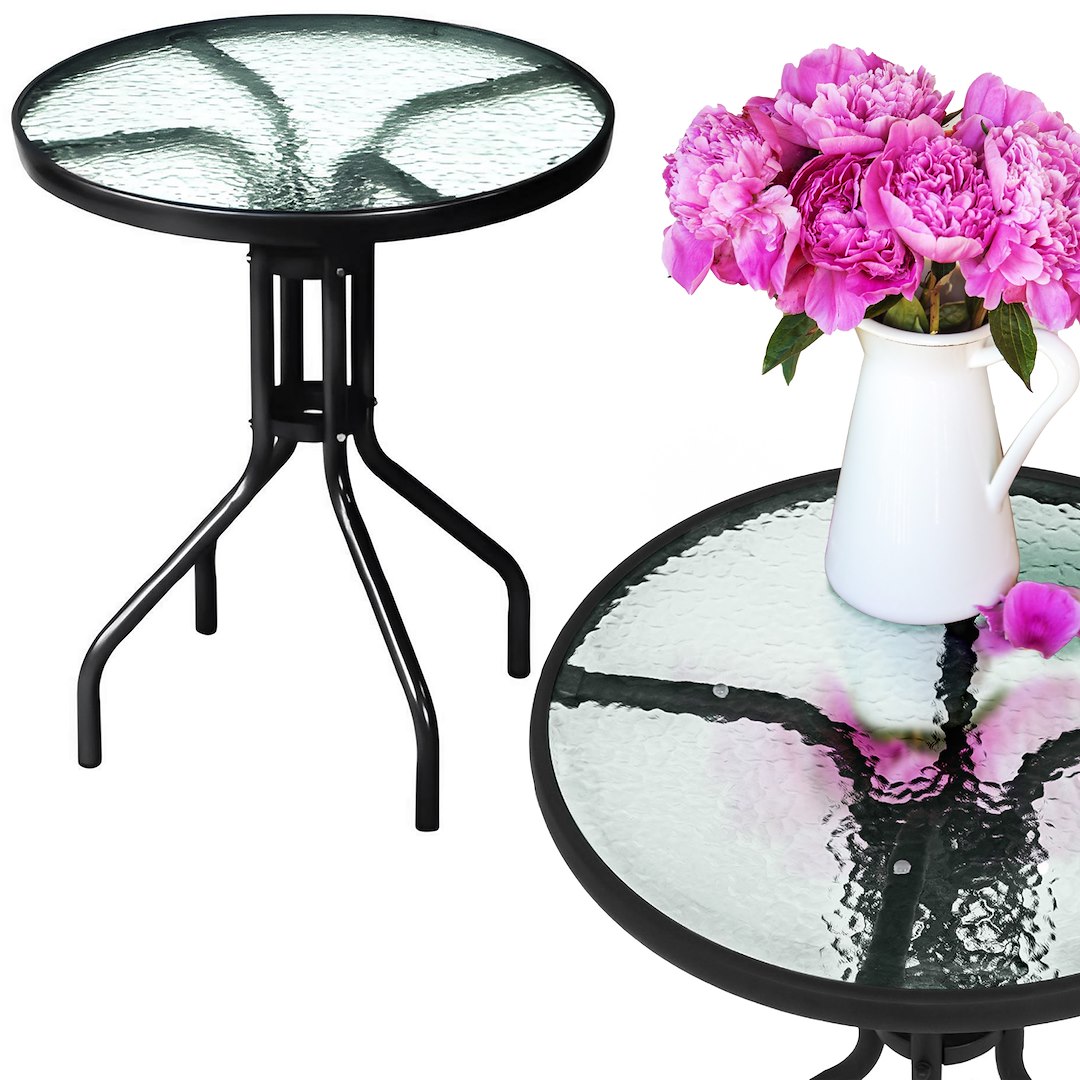 Stół Średnica 60cm Ze Szklanym Blatem - Czarny Stelaż BISTRO