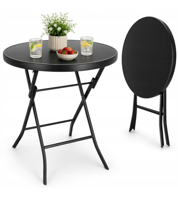 Stolik ogrodowy BISTRO, okrągły, metalowy, O60x71cm, składany, szkło czarne, czarny