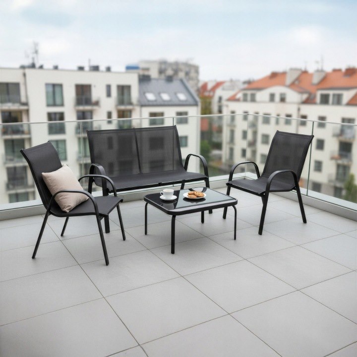 Zestaw Mebli Ogrodowych FIESTA, Sofa 70x115x67cm + 2 Krzesła 54x70x92cm + Stół Prostokątny 71x53x37cm - Czarny