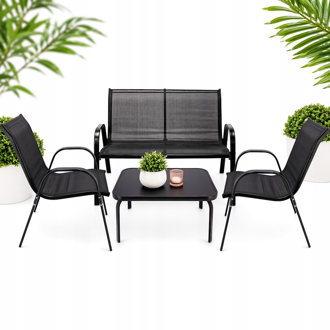 Zestaw Mebli Ogrodowych FIESTA, Sofa 70x115x67cm + 2 Krzesła 54x70x92cm + Stół Prostokątny 71x53x37cm - Czarny