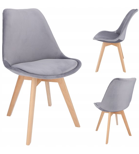 Krzesło Bari, siedzisko welurowe, nogi drewniane, kolor szary