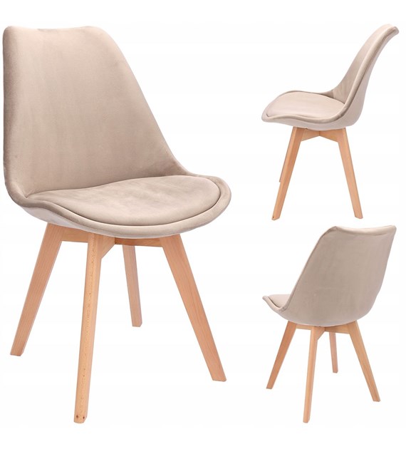 Krzesło Bari, siedzisko welurowe, nogi drewniane, kolor beżowy