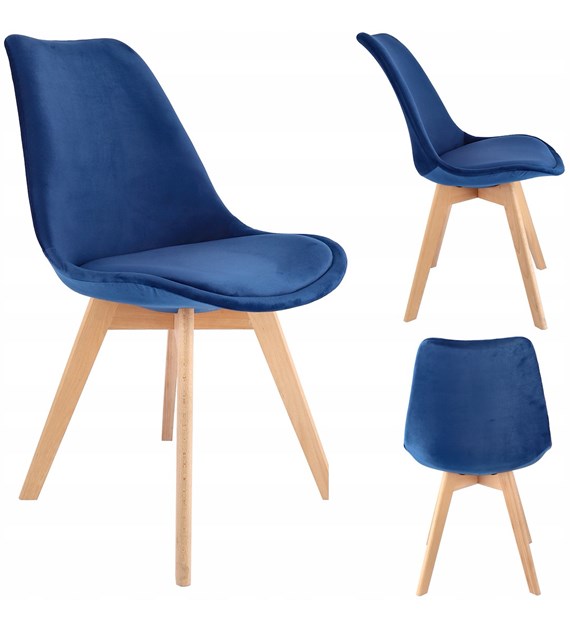 Krzesło Bari, siedzisko welurowe, nogi drewniane, kolor granatowy